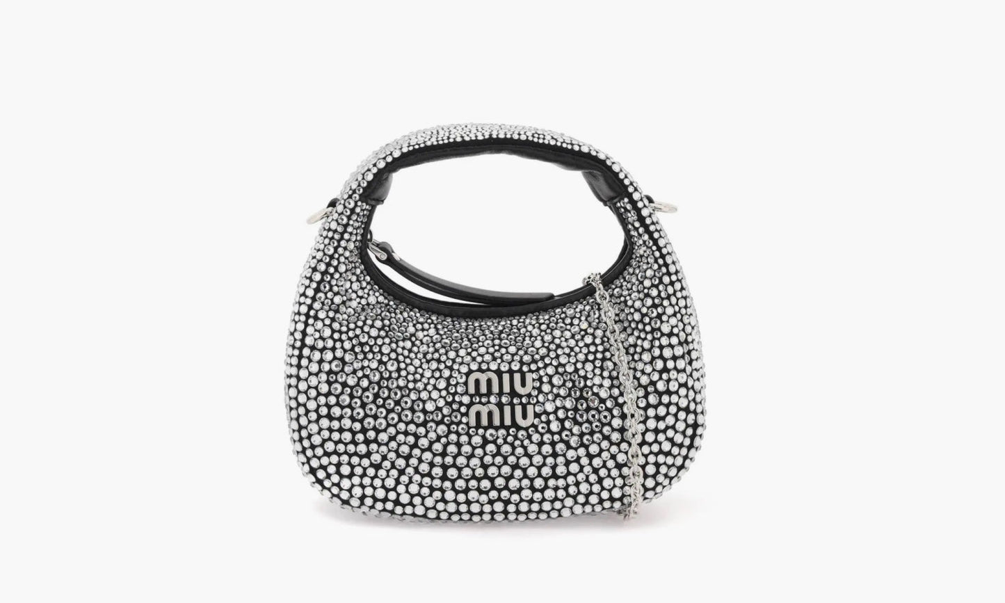 Miu Miu Wander Satin And Silk Mini Hobo Bag With Syntentic Crystals "Black" - 5BP078-2D5H-F0002-V-COO | Grailshop